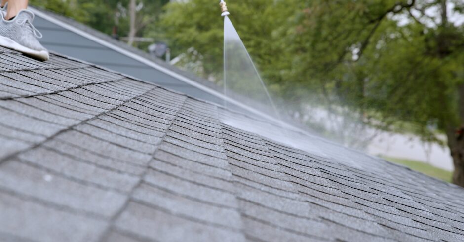 ShingleLock spraying across asphalt shingles, treated area darker than untreated